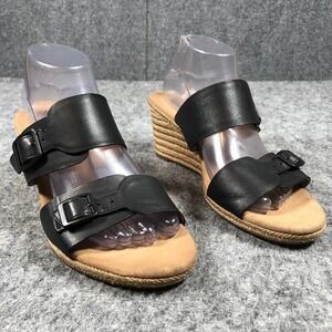 Clarks Sandals Womens 11M Black Leather Espadrille Wedge Buckle Comfort Shoes